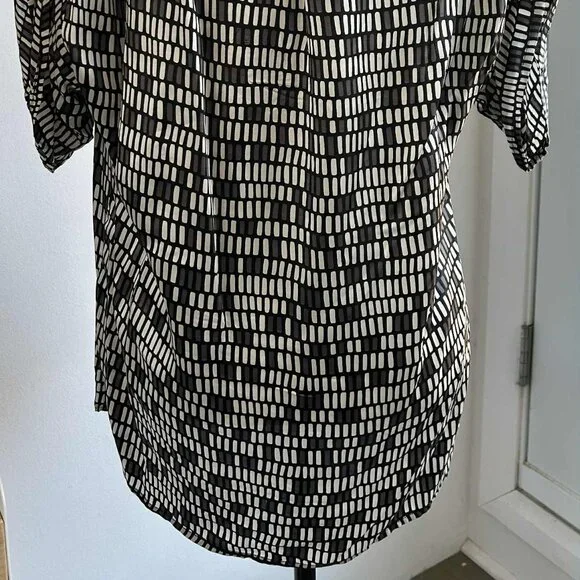 Zara Black Grey & Ivory Geometric Print Pure Silk Boat-Neck Blouse - US L - Picture 4 of 10